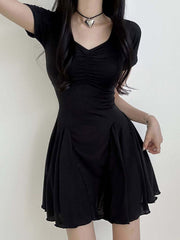 Black V Neck Folds  A-Line Dress