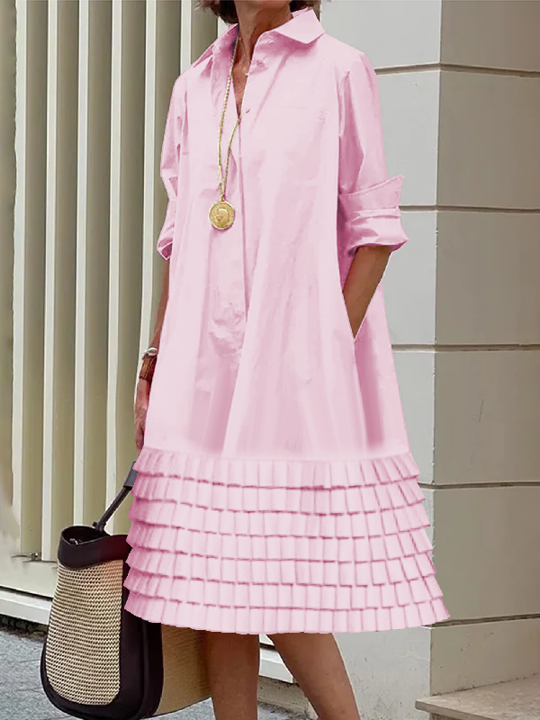 Layered Pleated Pockets Solid Color Split-Joint A-line Long Sleeves Lapel Shirt Dress Midi Dresses