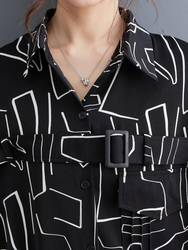 Abstract Printed Loose Lapel Midi Dresses