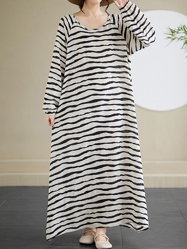 Contrast Color Elasticity Striped A-Line Long Sleeves Round-Neck Maxi Dresses