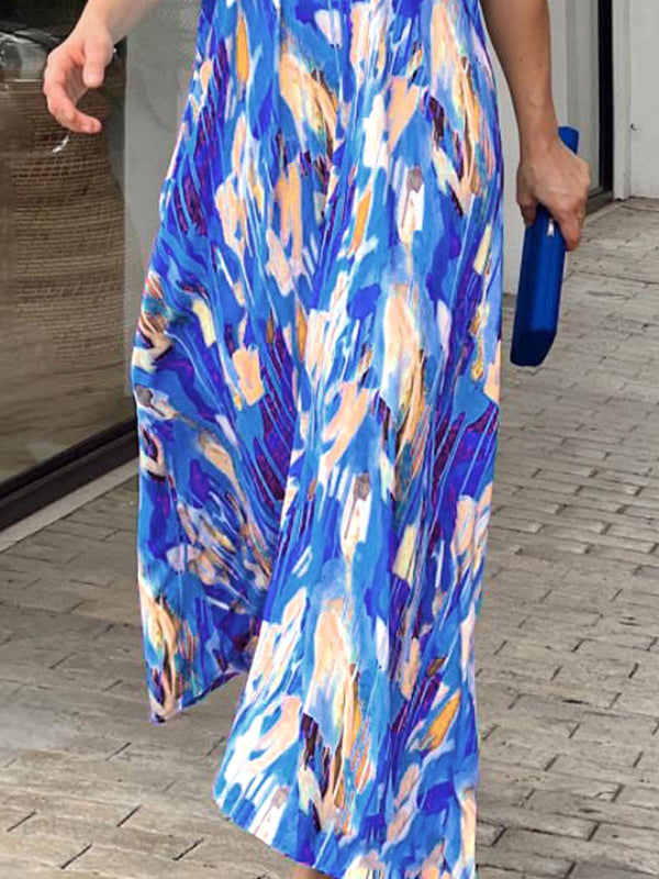 Multi-Colored Printed Loose Short Sleeves V-neck Maxi Dresses