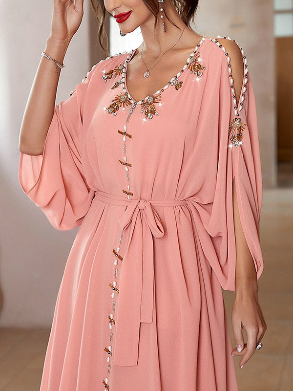 Vacation Loose Solid Color V-Neck Dress