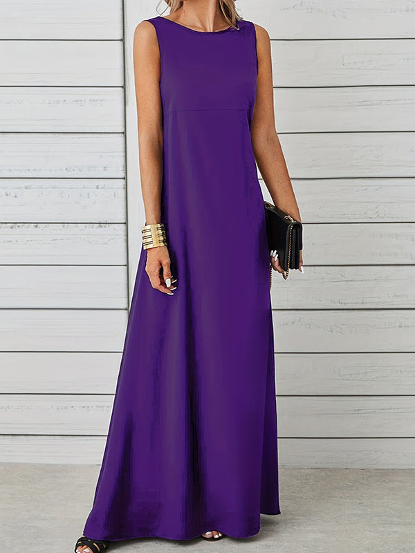 Solid Color A-Line Loose Round-Neck Maxi Dresses