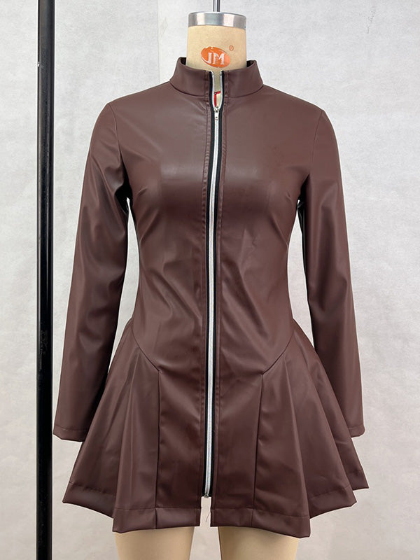 Pleated Split-Joint Zipper Long Sleeves Skinny Stand Collar Mini Dresses