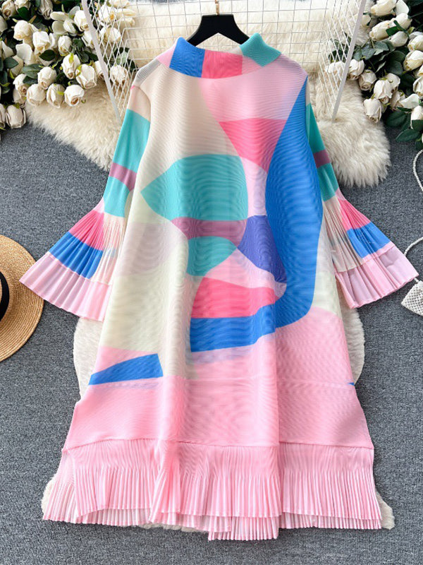 Belted Contrast Color Pleated Flared Sleeves Loose Midi Dresses