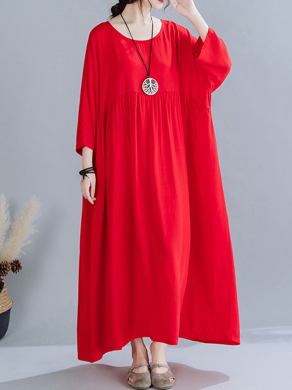 Simple Pleats Round-Neck Maxi Dress