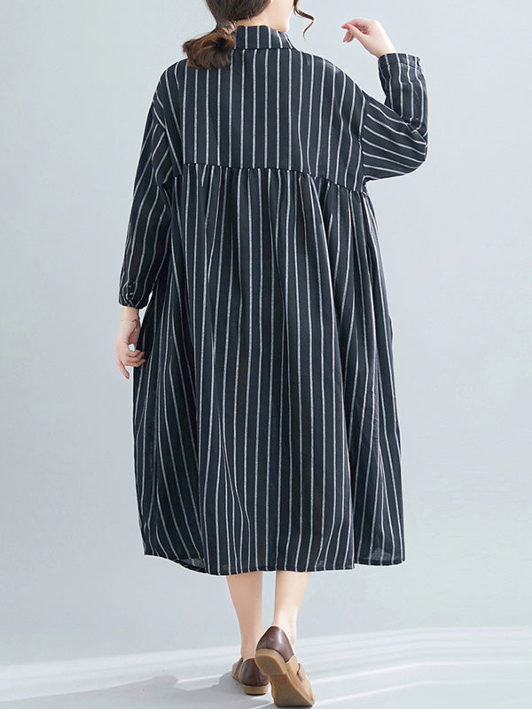 Simple Striped Buttoned Lapel Long Sleeves Shirt Dress