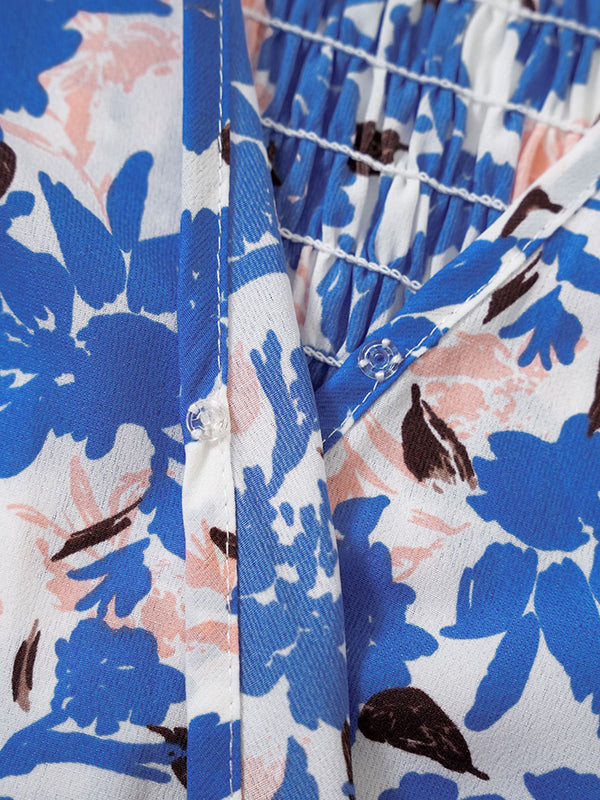 Bohemia Loose Puff Sleeves Floral Printed V-Neck Dress