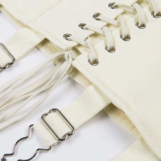 Cream Ripped Lace-up Mini Skirt