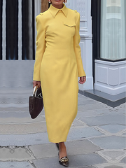 Long Sleeves Loose Solid Color Split-Joint Lapel Maxi Dresses