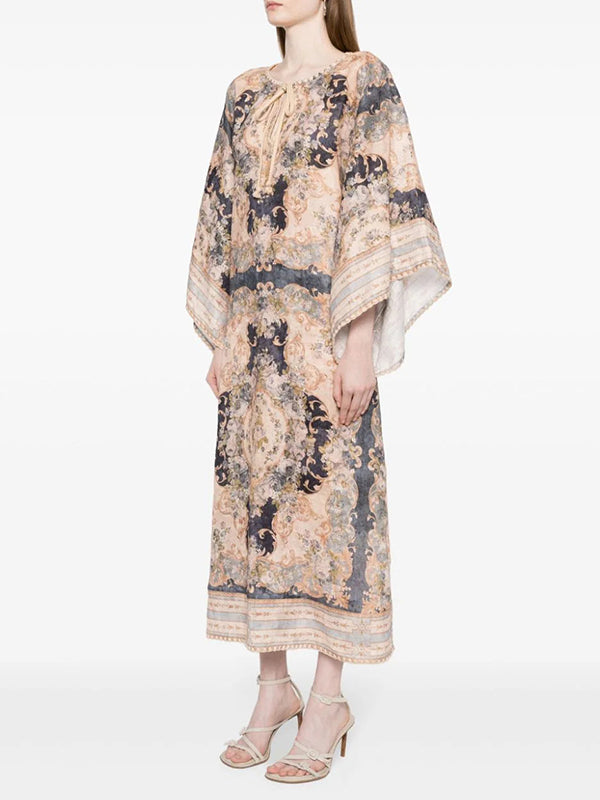 Flower Printed Batwing Sleeves Loose Elegant Kaftan