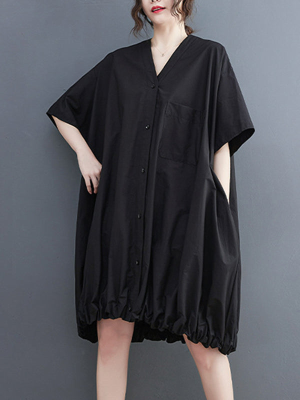 Solid Color Loose Short Sleeves V-neck Midi Dresses