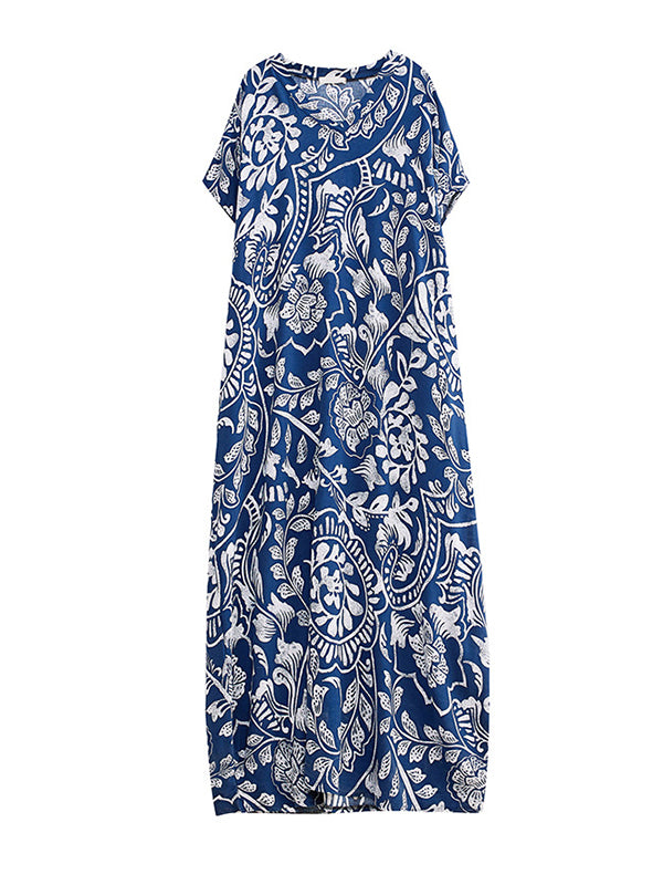 Printed Loose Short Sleeves V-Neck Maxi Dresses