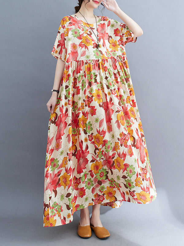 Pleated Printed Split-Joint Loose Short Sleeves Round-Neck Midi Dresses