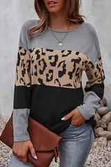 Casual Leopard Patchwork Contrast O Neck Tops