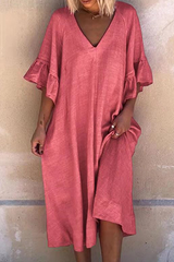 Casual Solid Patchwork Flounce V Neck Dresses(4 Colors)
