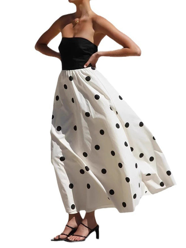 Polka Dots Printed Color-Block Sleeveless Tube Elegant Maxi Dresses