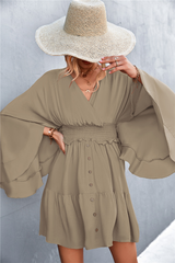 Casual Solid Patchwork V Neck Waist Skirt Dresses(3 colors)