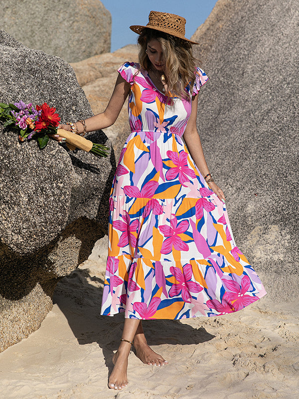 Bohemia A-Line Flared Sleeves V-Neck Maxi Dress