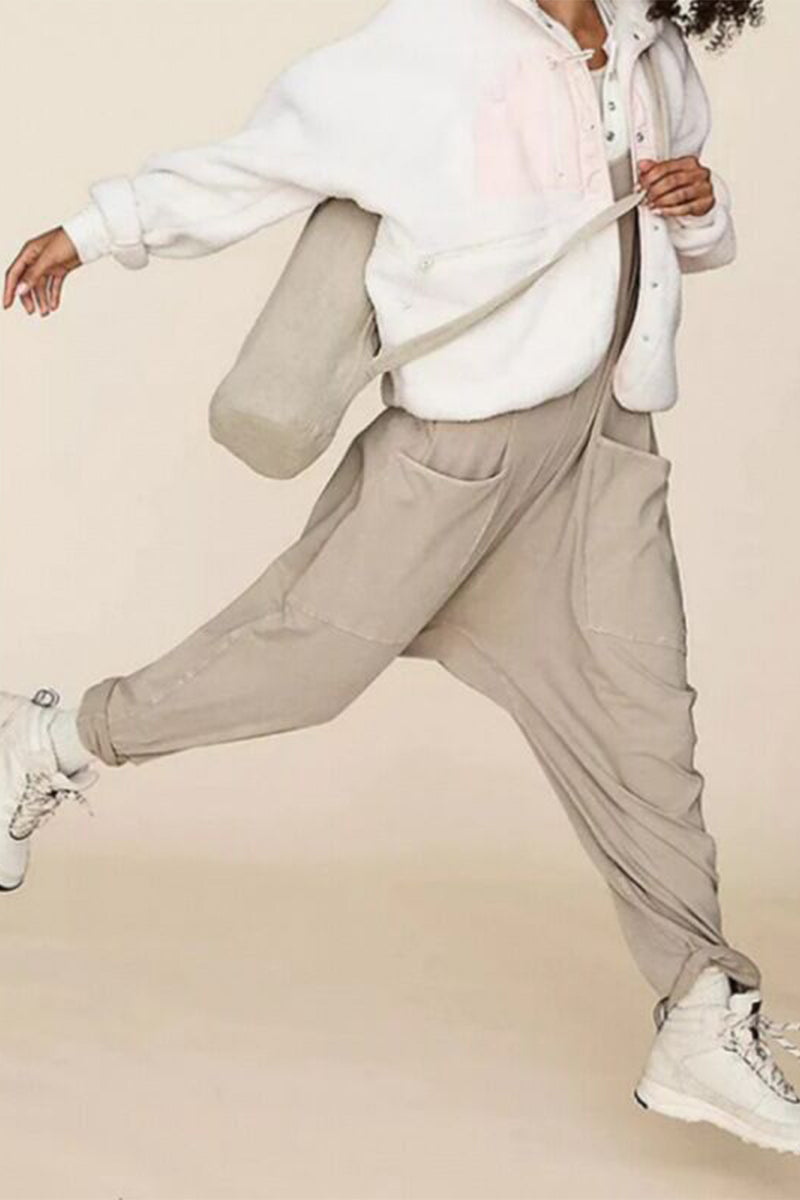 Street Solid Solid Color V Neck Loose Jumpsuits(3 Colors)