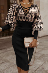 Elegant Print Bandage V Neck Wrapped Skirt Dresses