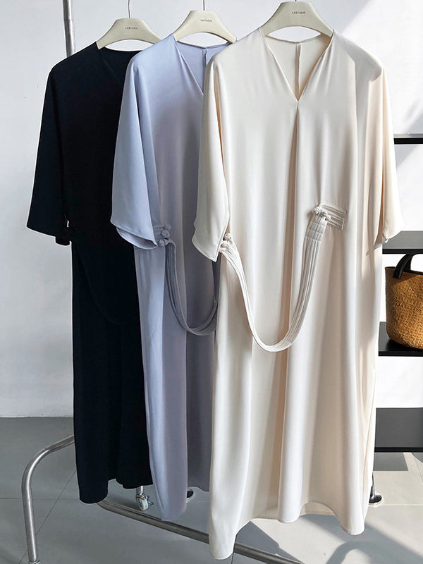 Vintage Loose Half Sleeves Buttoned H-Line Midi Dress