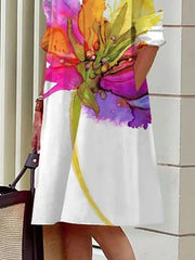 Floral Printed Split-Joint Long Sleeves Loose Lapel Shirt Dress Midi Dresses