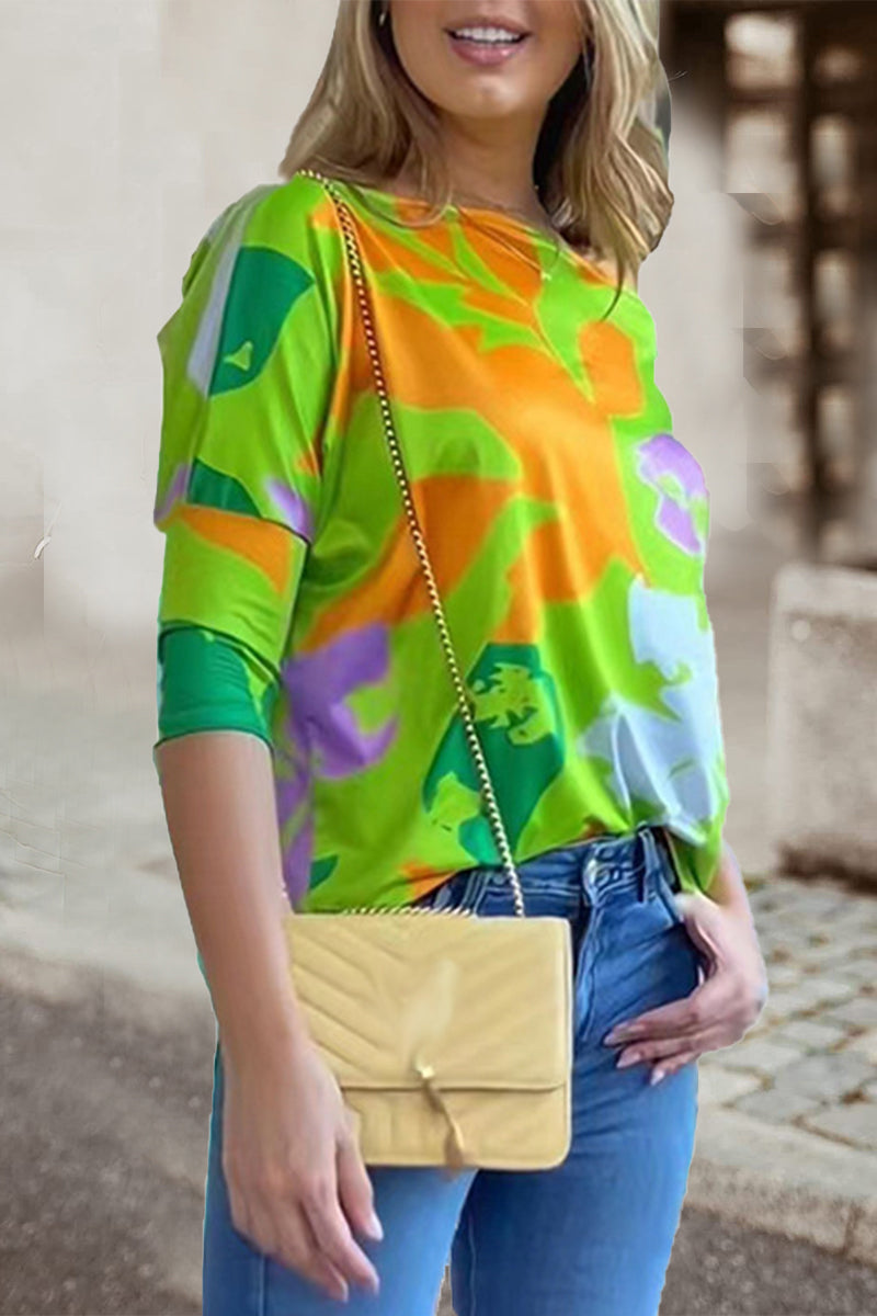 Work Elegant Print Patchwork Oblique Collar T-Shirts(7 Colors)