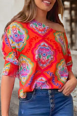 Work Elegant Print Patchwork Oblique Collar T-Shirts(7 Colors)