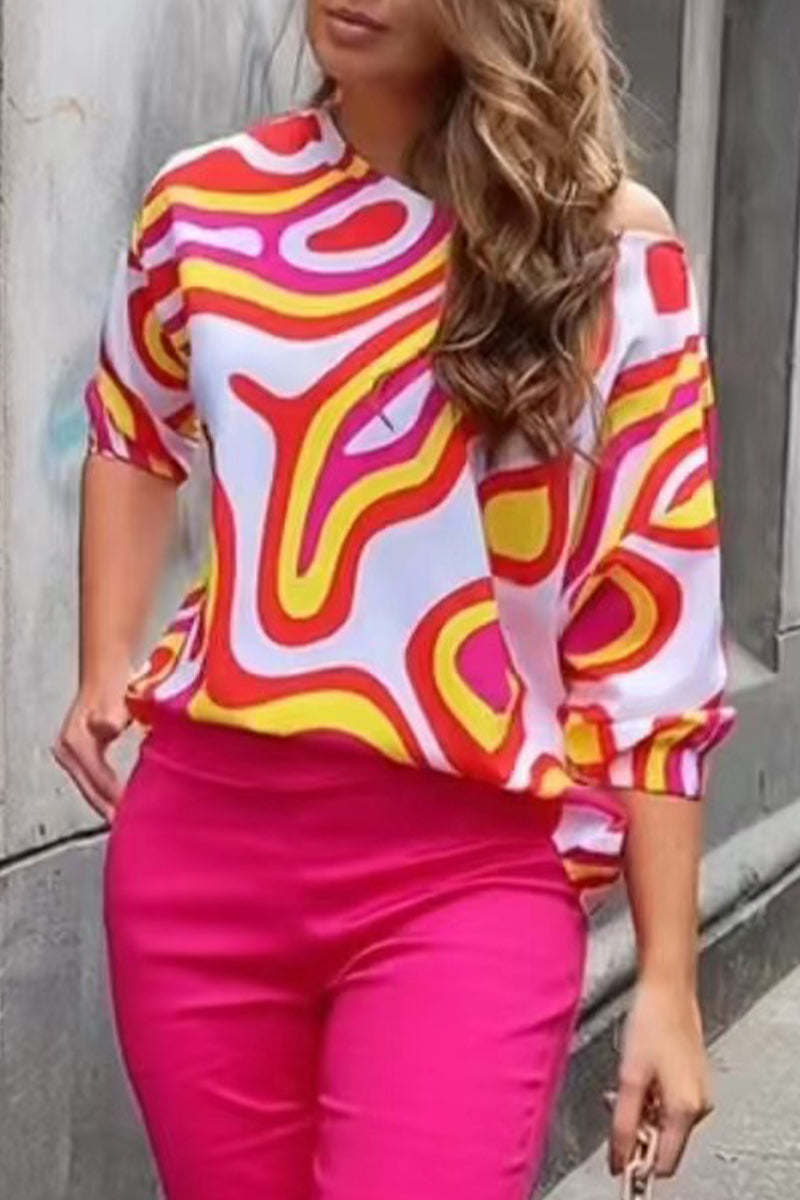 Work Elegant Print Patchwork Oblique Collar T-Shirts(7 Colors)