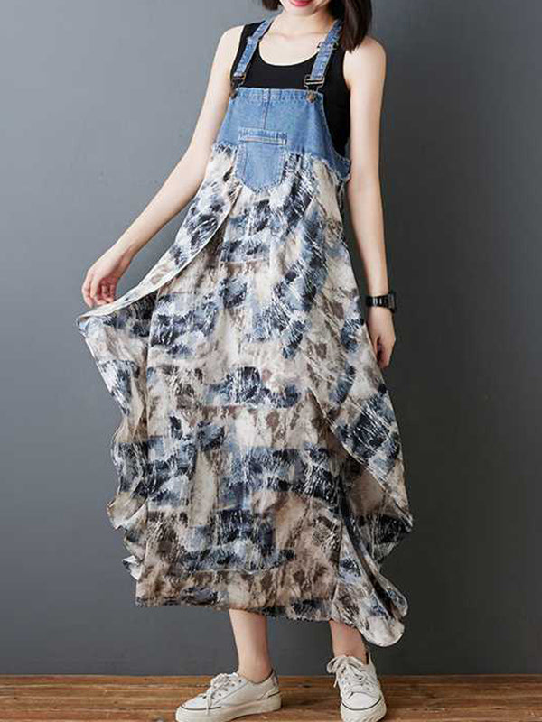 Flower Print Pockets Split-Joint Loose Plus Size Spaghetti-Neck Suspender Dress Maxi Dresses