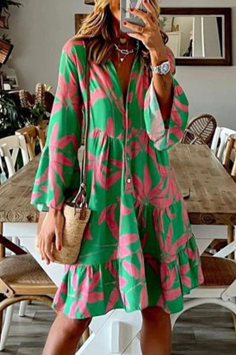 Elegant College Floral Patchwork V Neck One Step Skirt Dresses