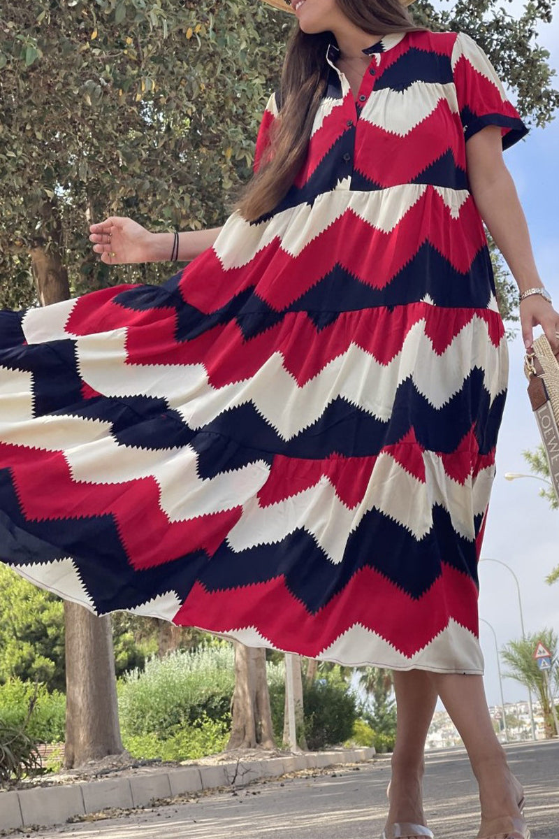Vintage Elegant Geometric Print Patchwork O Neck A Line Dresses(5 Colors)