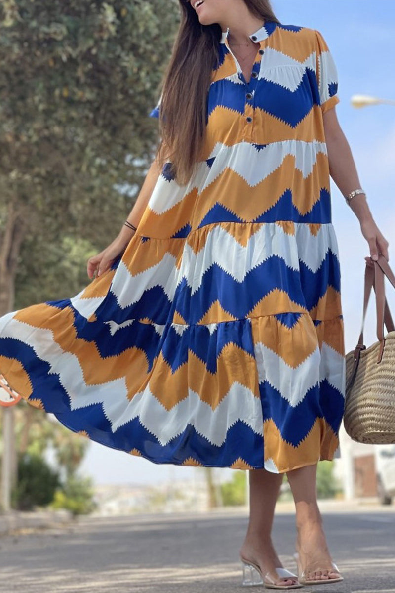 Vintage Elegant Geometric Print Patchwork O Neck A Line Dresses(5 Colors)