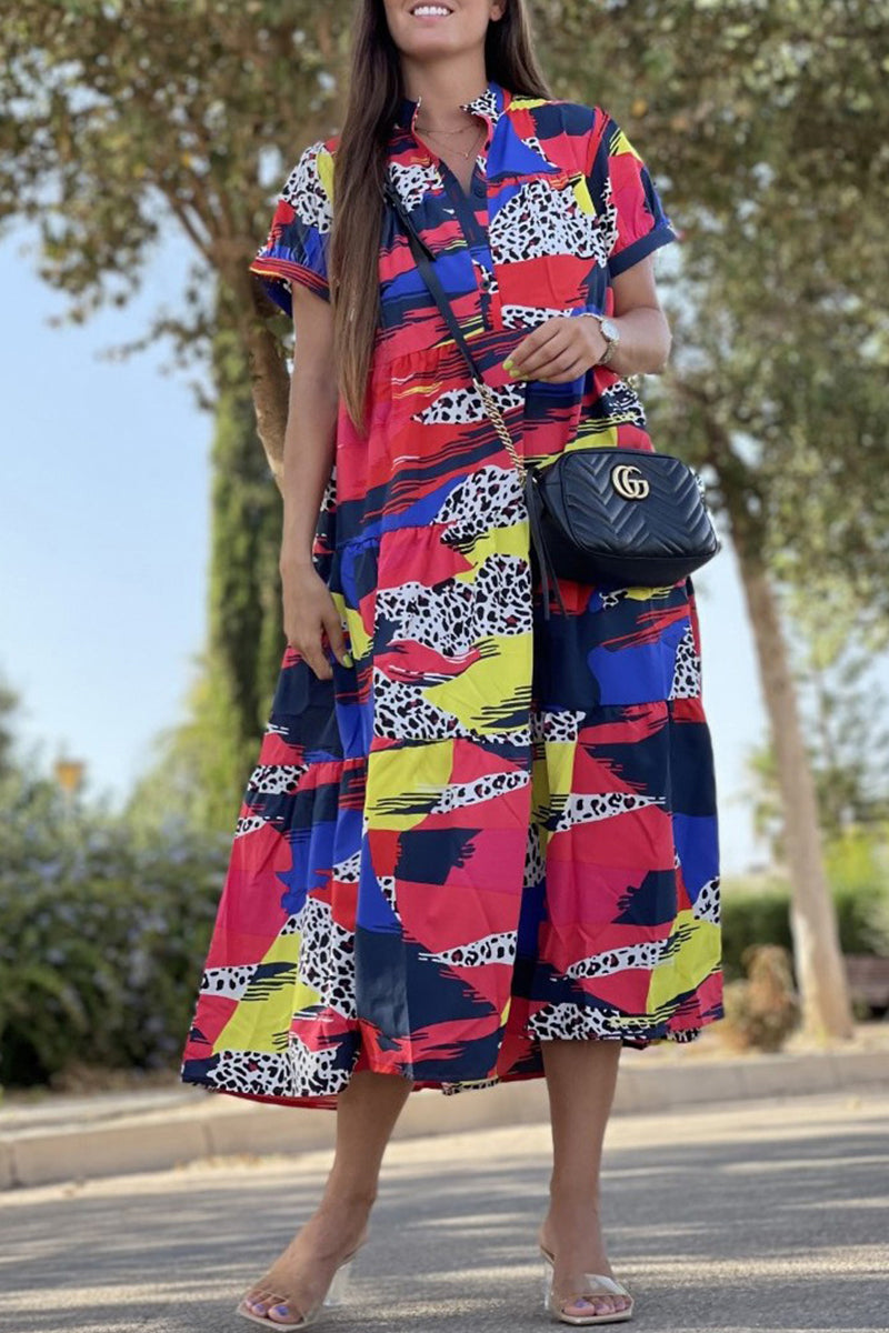 Vintage Elegant Geometric Print Patchwork O Neck A Line Dresses(5 Colors)