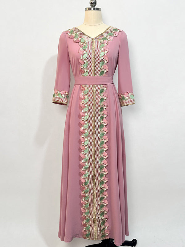 Vacation A-Line Loose Solid Color Patchwork V-Neck Dress
