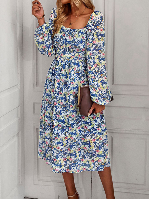 Vacation Loose Long Sleeves Floral Printed U-Neck Midi Dress