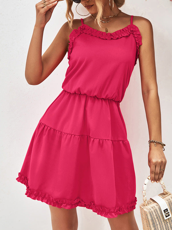 Falbala Solid Color Loose Sleeveless Spaghetti-Neck Mini Dresses