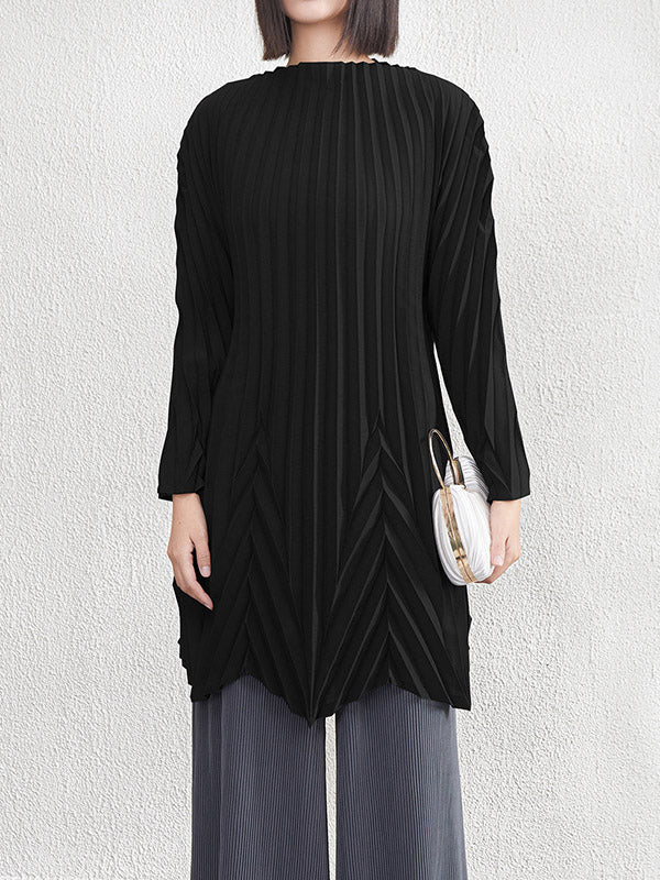 Pleated Solid Color A-Line Long Sleeves Round-Neck Mini Dresses