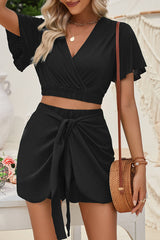 Sexy Solid Frenulum V Neck Short Sleeve Two Pieces(3 Colors)