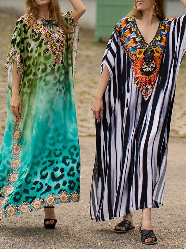 Printed Split-side Striped Batwing Sleeves Loose V-neck Maxi Dresses Beach Cover-Up