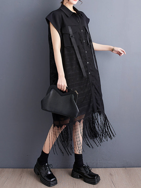 Gauze Pockets Split-Joint Tasseled Short Sleeves Lapel Midi Dresses