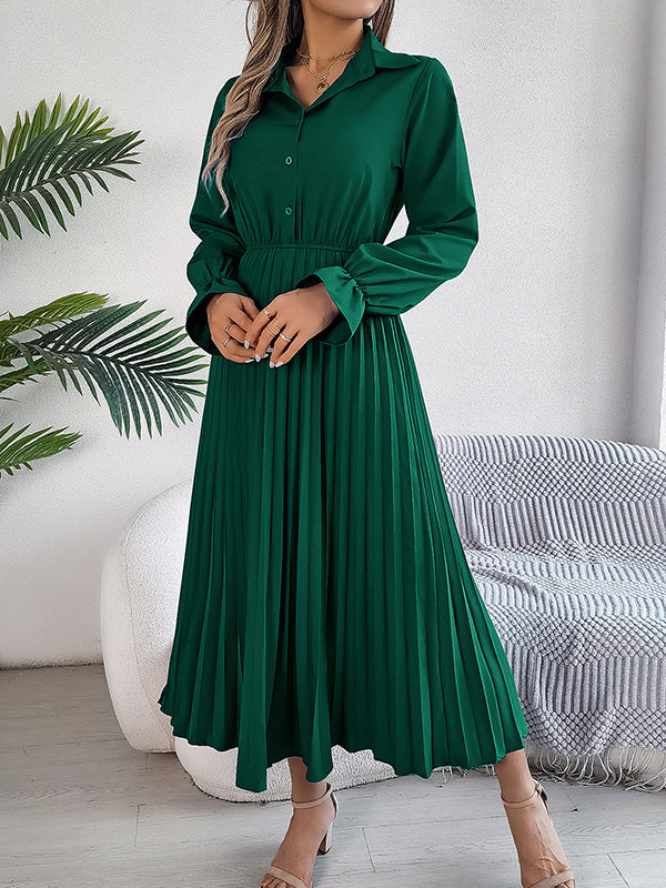 Buttoned Elasticity Pleated Solid Color A-Line Flared Sleeves Lapel Maxi Dresses