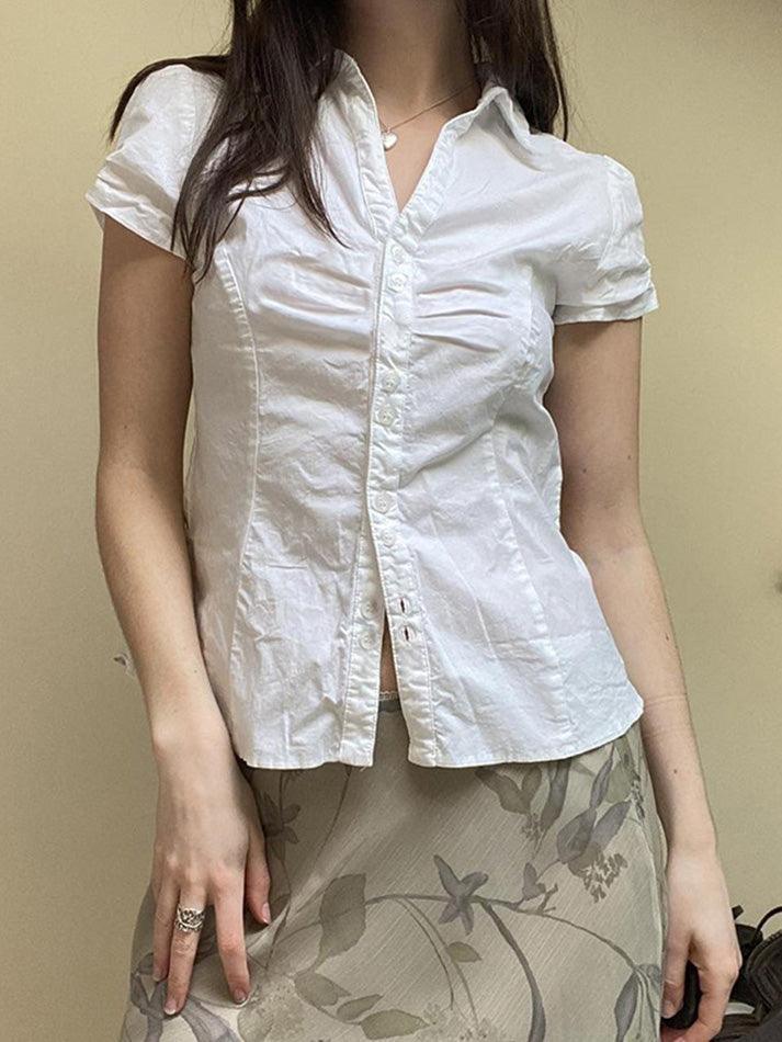 Short Sleeve V-Neck Plain Ruched Shirt
