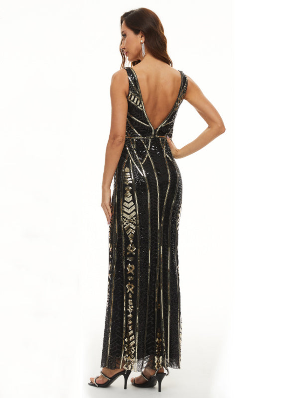 Evening Sleeveless Wrap Mesh Backless Embroidered V-Neck Maxi Dress