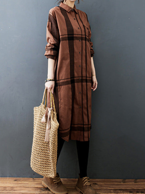 Vintage Solid Long Sleeve Pleats Blouse Shirt Dress