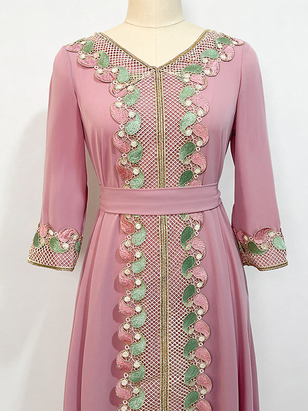 Vacation A-Line Loose Solid Color Patchwork V-Neck Dress