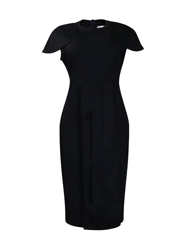 Pleated Solid Color Split-back Split-front Split-Joint Short Sleeves Skinny Round-neck Midi Dresses