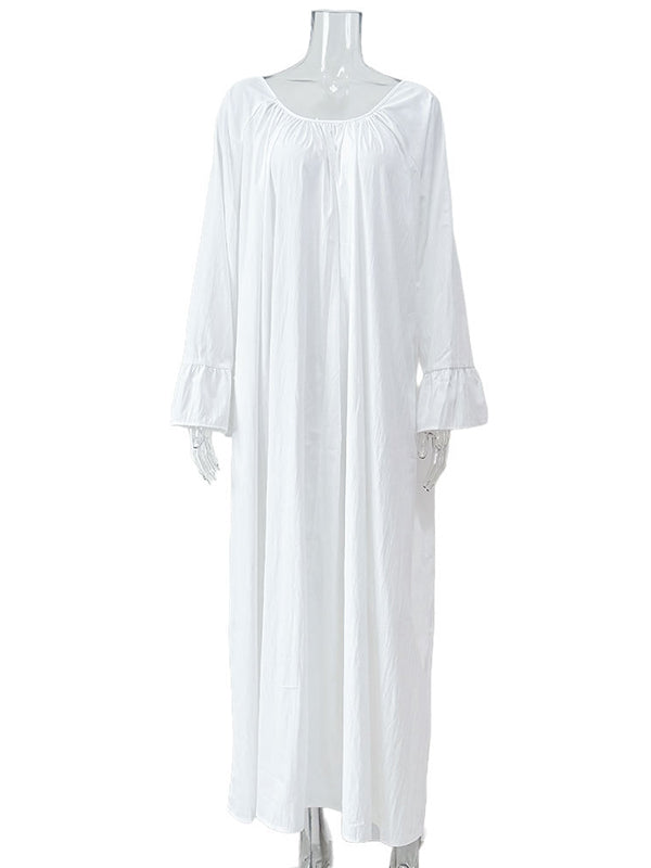 Pleated Solid Color Split-Joint Flared Sleeves Loose Round-Neck Maxi Dresses