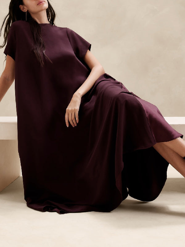 Pockets Solid Color Loose Short Sleeves Round-Neck Maxi Dresses